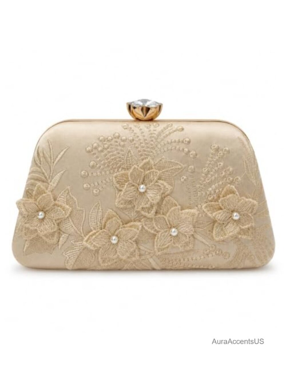 3D Floral Embroidered Pearl Clutch Bag Handmade Evening Purse with Detachable